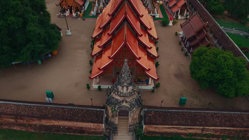 Wat Phra That Lampang Aerial view. Buddhist temple complex in Thailand.