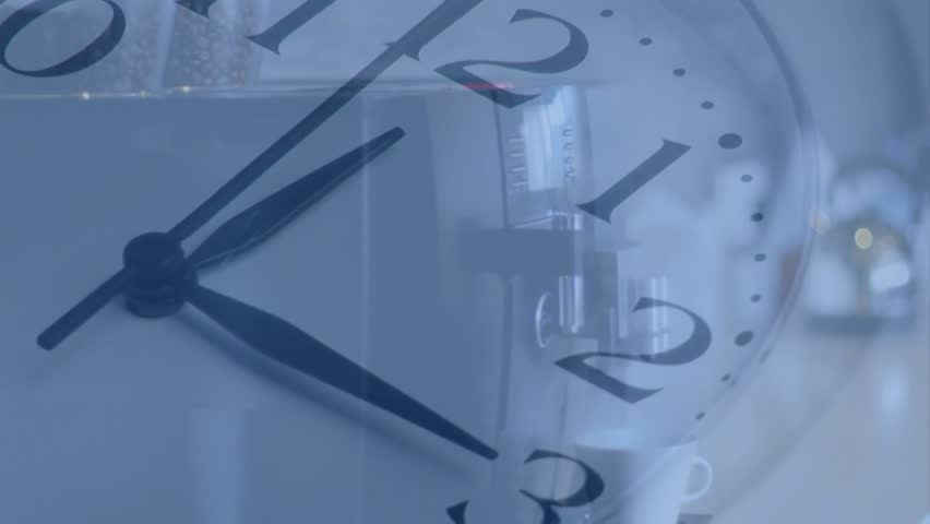 Barista hands entering steadying cup and pressing controls for coffee while clock overlay advancing. Timepiece, doubleexposure, espresso, machine, countertop, reflections, bokeh
