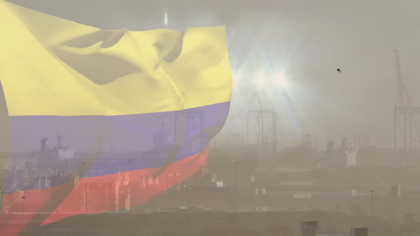 Large tricolor flag unfurling and rippling across hazy port while steady wind triggers movement. Banner, ensign, harbor, cranes, ships, haze, backlight