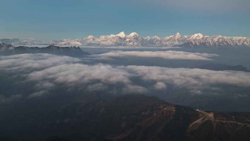 Aerial view of Mount Gongga and Hengduan Mountains at dawn, Western Sichuan, China