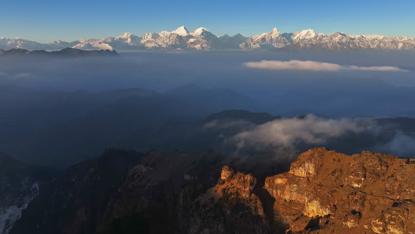 Panorama of Hengduan mountains with sea of clouds at sunrise, Western Sichuan, China
