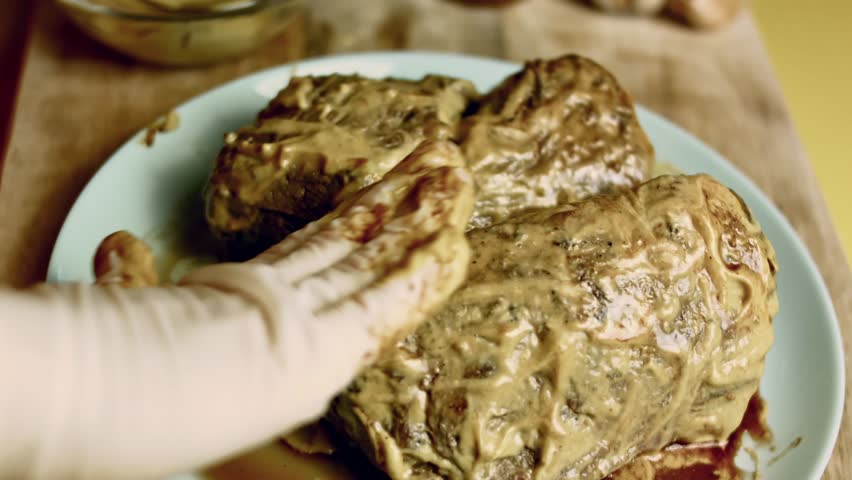 Two cuts of beef tenderloin covered with Dijon mustard