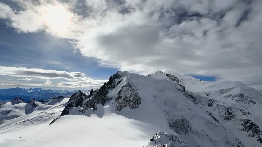 Mont Blanc massif majestic view Chamonix France winter. Timelapse
