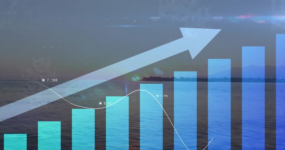 At one-second curved white line emerging at base and animating across bars emphasizing upward trend. Marine, analytics, modern, finance, data visualization, inspirational, serene