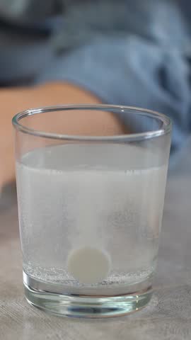 Close up of glass of water with effervescent tablet. Pills and drugs medicament. Aspirin paracetamol. Health care. Vertical shot