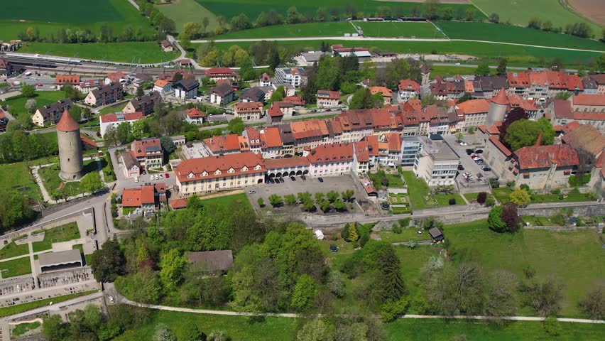 Panoramic aerial of the old town of the city Romont
1680 in Switzerland on a sunny noon in summer
