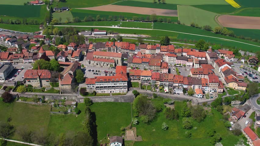 Panoramic aerial of the old town of the city Romont
1680 in Switzerland on a sunny noon in summer
