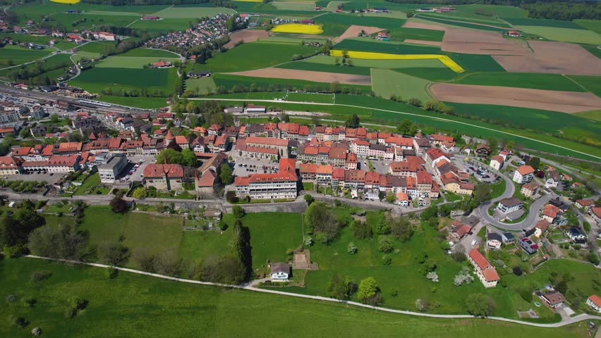 Panoramic aerial of the old town of the city Romont
1680 in Switzerland on a sunny noon in summer
