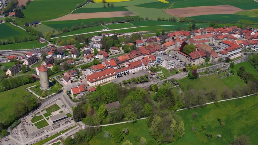 Panoramic aerial of the old town of the city Romont
1680 in Switzerland on a sunny noon in summer
