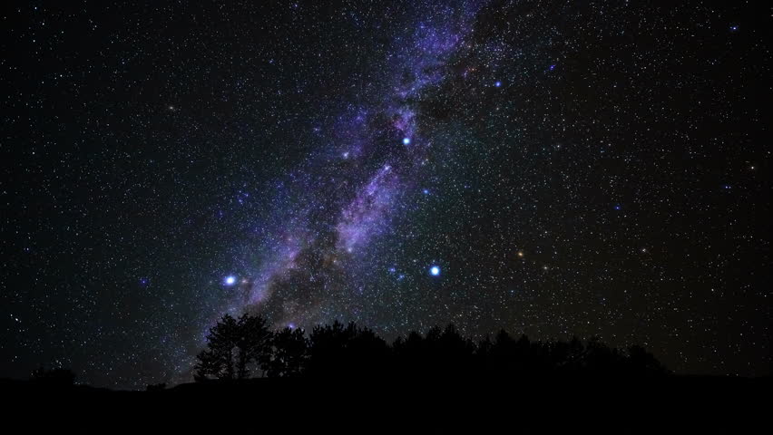 Milky Way stars on a dark countryside skies. Time-lapse video.