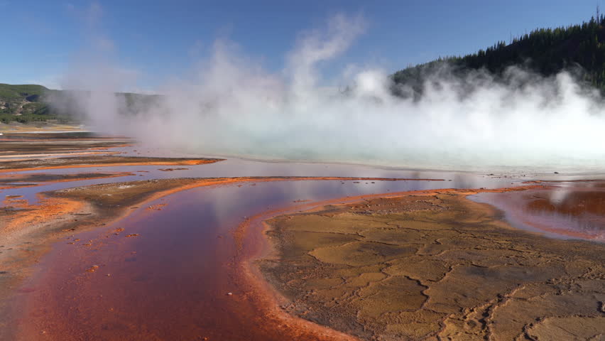 Yellowstone National Park, Steam and Vapor Above Hot Springs Runoff Channels, Panorama. Tyoming USA, Full Frame