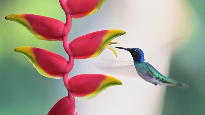 White Necked Jacobin Hummingbird (florisuga mellivora), Bird Flying in Flight and Feeding and Drinking Nectar from a Bright Red Flower in Tropical Rainforest in Costa Rica, Central America
