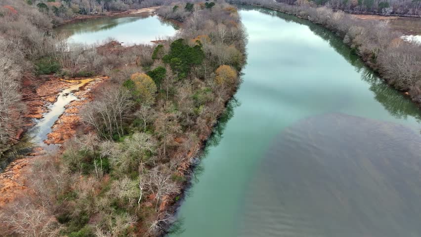 Drone view of the Chattahoochee River in Roswell Georgia