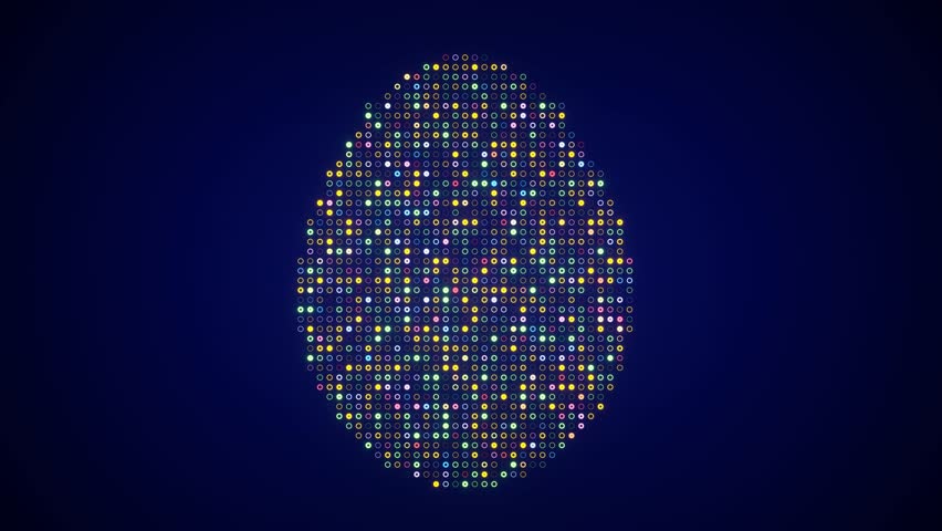 Abstract easter egg shape made of blinking colorful dots pattern on a dark blue background. Seamless loop.