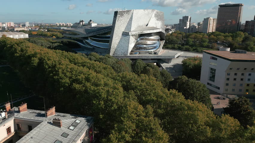 Paris Philharmonic in Parc de la Villette, France. Aerial forward