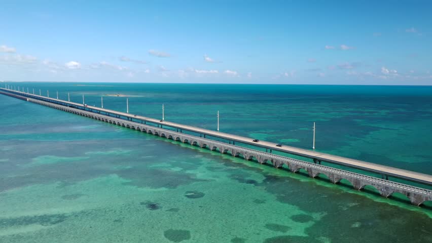 The Seven Mile Bridge Spanning The Keys In Florida - aerial drone shot