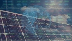 Animation of globe and financial data over solar panels. Global eco power, green energy and eco awareness concept digitally generated video. - Powered by Shutterstock - Get 15% off with code: PIKWIZARD15