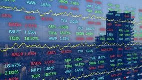 Animation of stock market data processing over aerial view of cityscape. Global economy and business technology concept - Powered by Shutterstock - Get 15% off with code: PIKWIZARD15