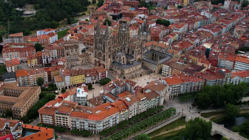 Aerial wide view of the downtown around the city Burgos on a sunny day in summer in Spain.