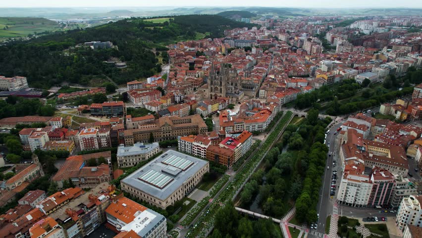 Aerial wide view of the downtown around the city Burgos on a sunny day in summer in Spain.