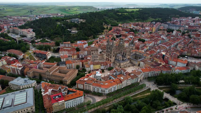 Aerial wide view of the downtown around the city Burgos on a sunny day in summer in Spain.