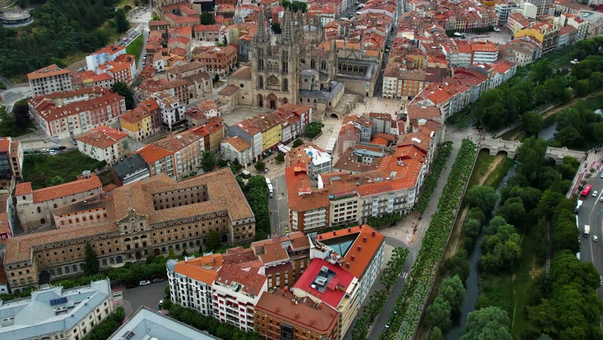 Aerial wide view of the downtown around the city Burgos on a sunny day in summer in Spain.