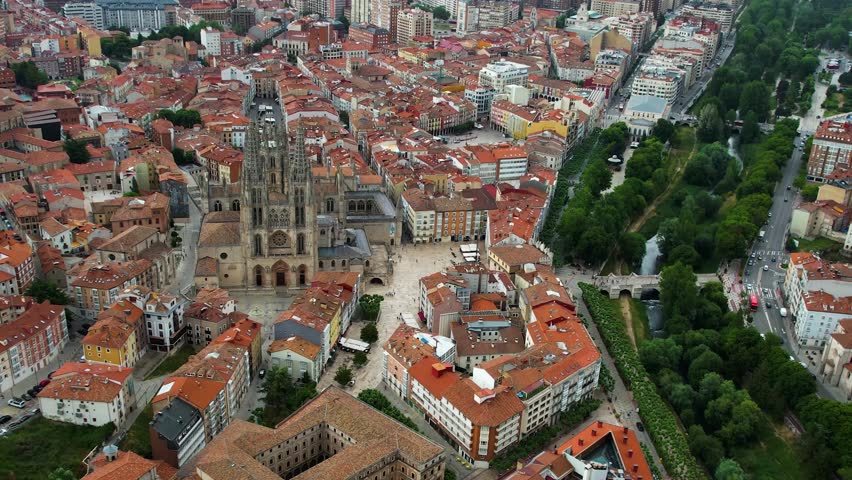 Aerial wide view of the downtown around the city Burgos on a sunny day in summer in Spain.