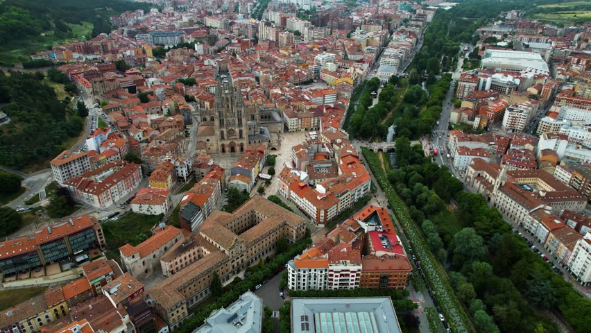Aerial wide view of the downtown around the city Burgos on a sunny day in summer in Spain.