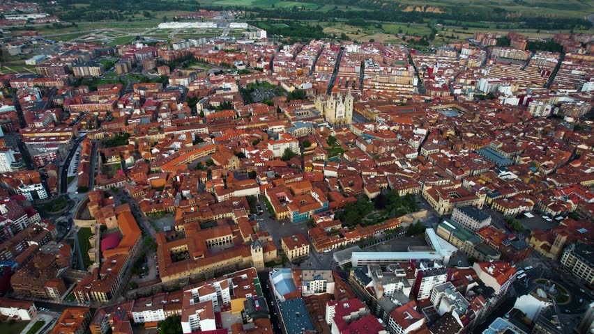 Aerial wide view of the downtown around the city León on a sunny afternoon in summer in Spain.