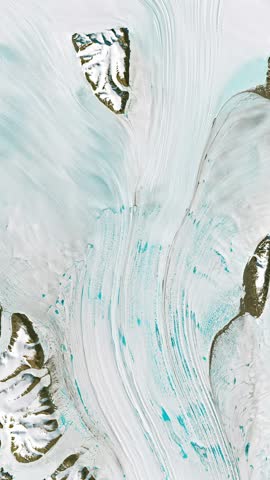 Top view on glacier flowing and melting. Camera is moving forward. Vertical video. Animation based on image by NASA