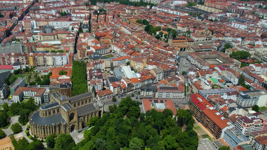 Aerial wide view of the downtown around the city Vitoria-Gasteiz on a sunny noon in summer in Spain