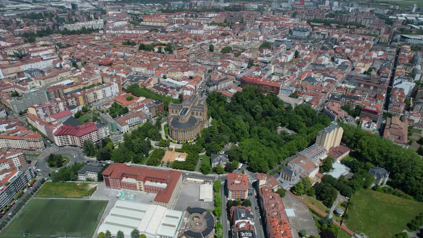 Aerial wide view of the downtown around the city Vitoria-Gasteiz on a sunny noon in summer in Spain