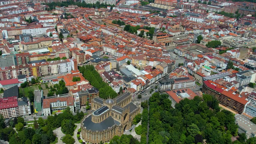 Aerial wide view of the downtown around the city Vitoria-Gasteiz on a sunny noon in summer in Spain