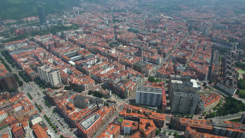 Aerial wide view of the downtown around the capitol city Bilbao on a sunny day in summer in Spain, Basque country