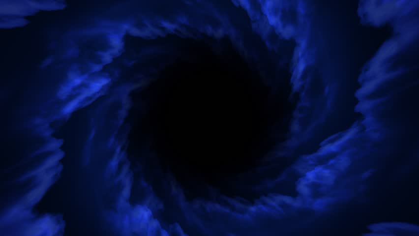 Abstract deep blue swirling cloud vortex forming dark cosmic tunnel. Blue sky clouds. Navy outsider. blue spiral smoke energy collapse. Loop mystery, depth, and transition, cinematic storm-like