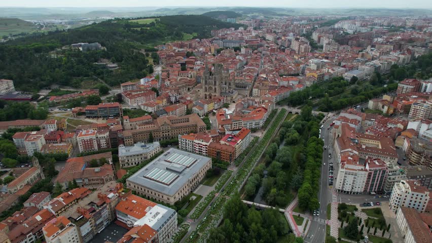 Aerial wide view of the downtown around the city Burgos on a sunny noon in summer in Spain.