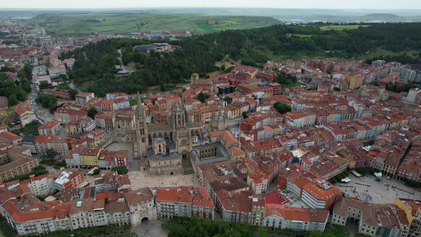 Aerial wide view of the downtown around the city Burgos on a sunny noon in summer in Spain.