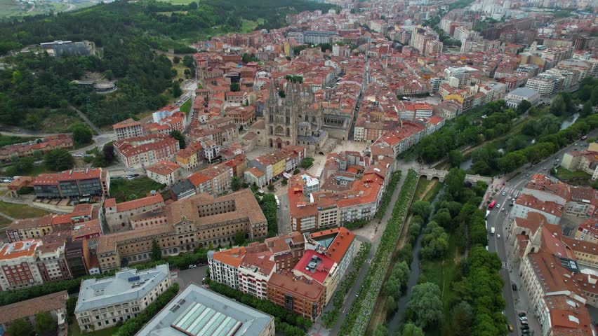 Aerial wide view of the downtown around the city Burgos on a sunny noon in summer in Spain.