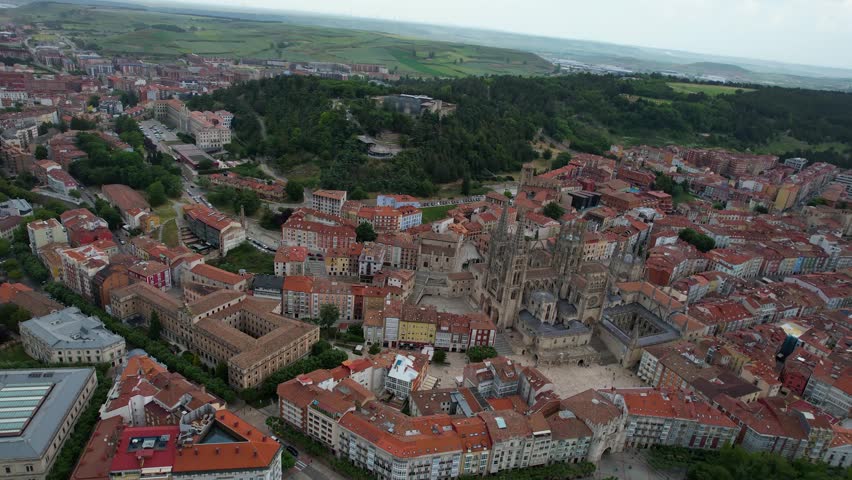 Aerial wide view of the downtown around the city Burgos on a sunny noon in summer in Spain.