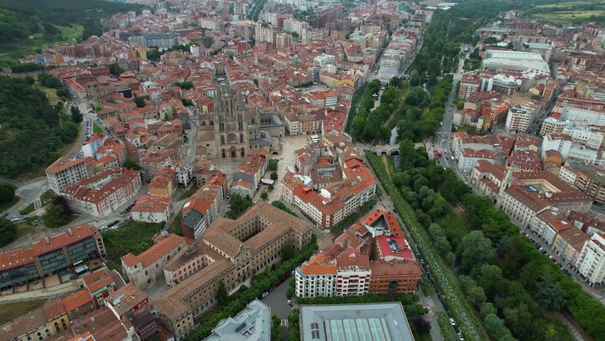 Aerial wide view of the downtown around the city Burgos on a sunny noon in summer in Spain.