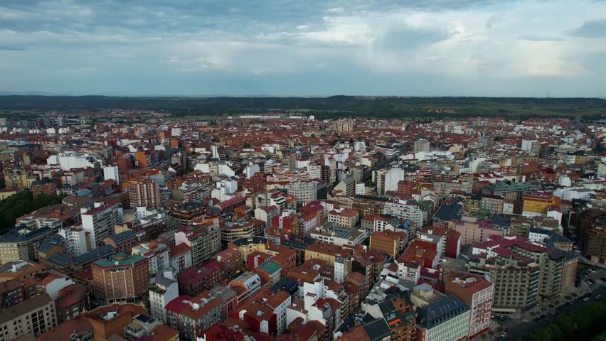 Aerial wide view of the downtown around the city León on a sunny afternoon in summer in Spain.