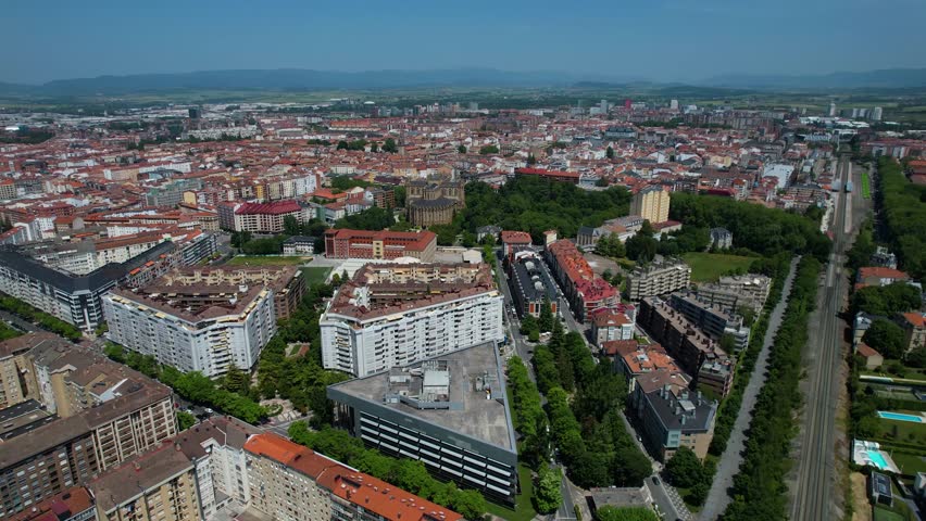 Aerial wide view of the downtown around the city Vitoria-Gasteiz on a sunny noon in summer in Spain