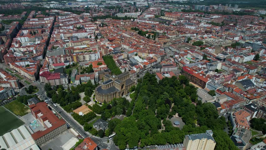 Aerial wide view of the downtown around the city Vitoria-Gasteiz on a sunny noon in summer in Spain