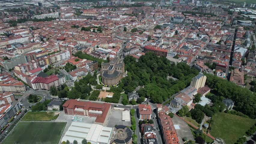 Aerial wide view of the downtown around the city Vitoria-Gasteiz on a sunny noon in summer in Spain