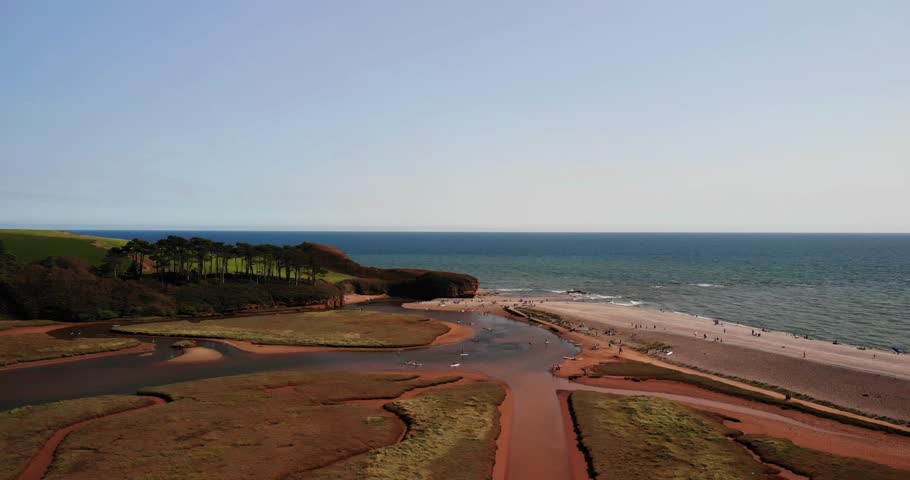 Aerial Over Otter Estuary At Budleigh Salterton In East Devon. Rising Dolly Forward