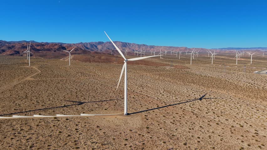 Aerial view of wind turbines, United States.