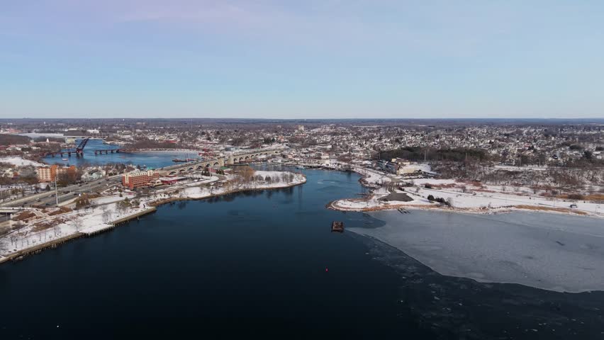 Aerial view of bridges and river, United States.