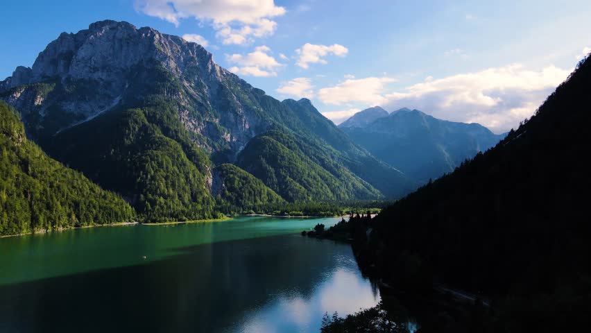 Aerial view of mountains and lake, Italy.