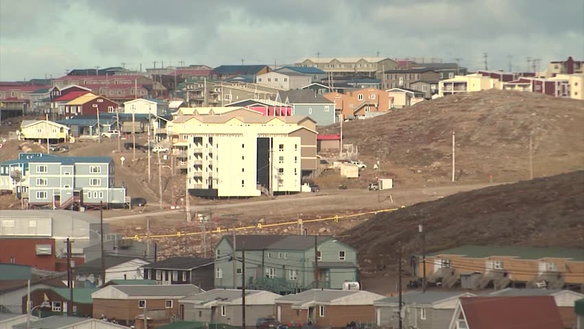 Wide hot of Iqaluit buildings and various housing.