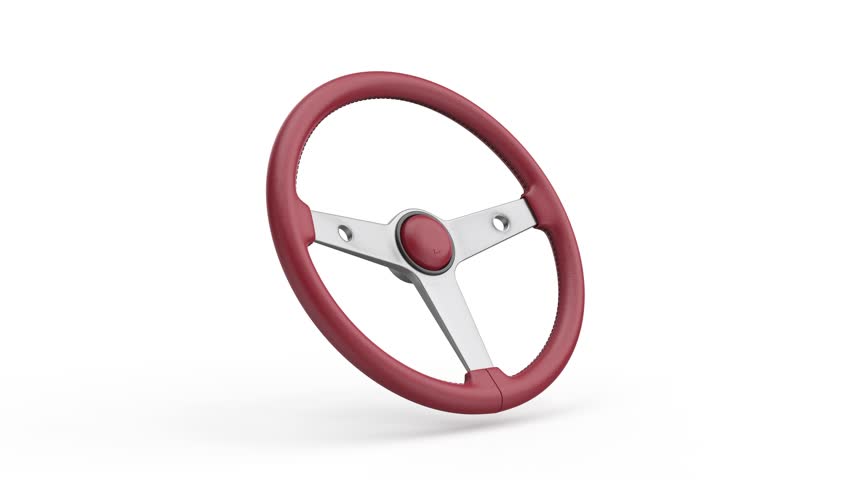 Red leather vintage car steering wheel on white background